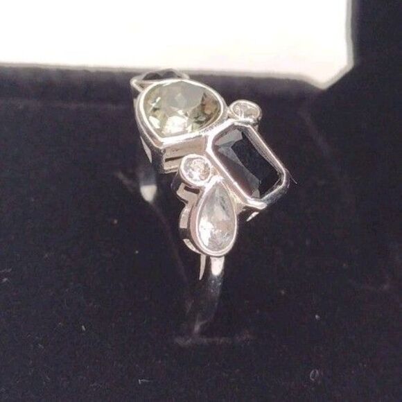 Citrine & Onyx CZ Sterling Silver Overlay Ring Size 7 Modern Art Deco + Box Gift - Picture 2 of 6